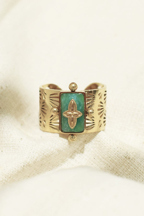 BAGUE LARGE ET AJOURÉE SILOÉ, EN AMAZONITE