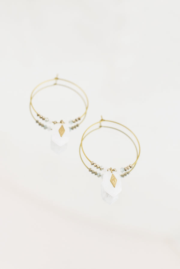 BOUCLES D'OREILLES CRÉOLES ISORE, QUARTZ BLANC