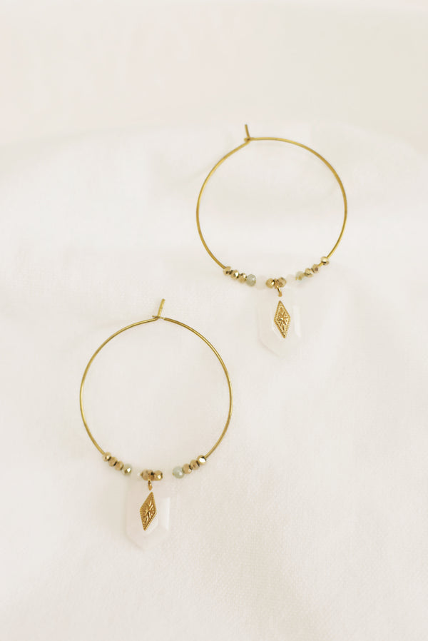 BOUCLES D'OREILLES CRÉOLES ISORE, QUARTZ BLANC