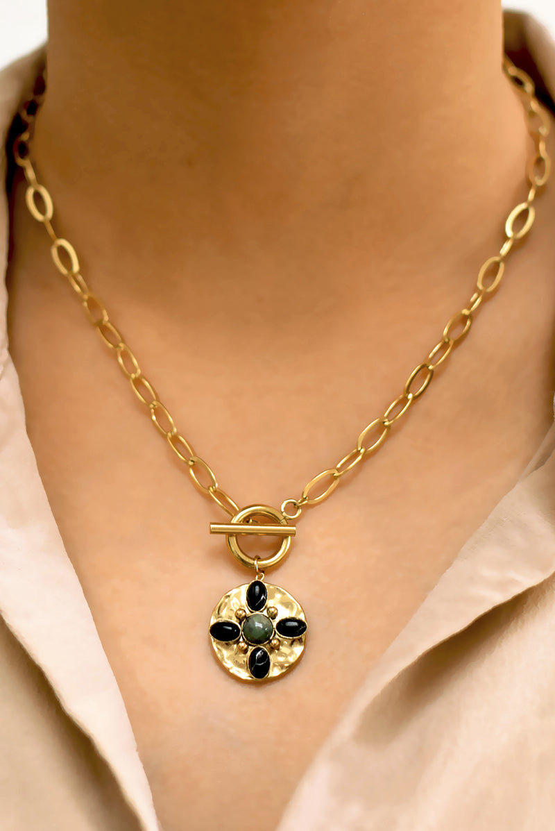 COLLIER CONSTANCE, EN HOWLITE NOIRE ET QUARTZ